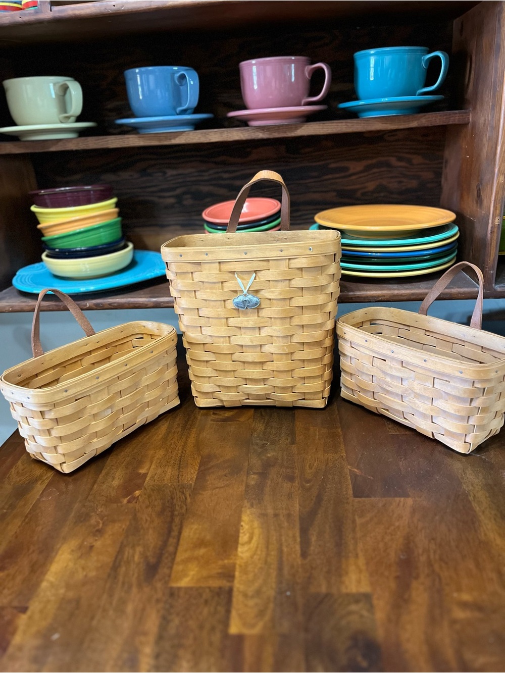 Longaberger Natural Tan Woven Basket Trio with Leather Handles